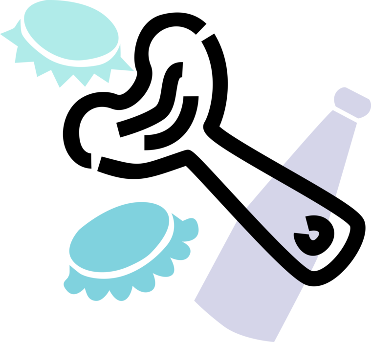 Vector Illustration of Bottle Opener with Bottle Caps, Soda or Beer Beverage Bottle