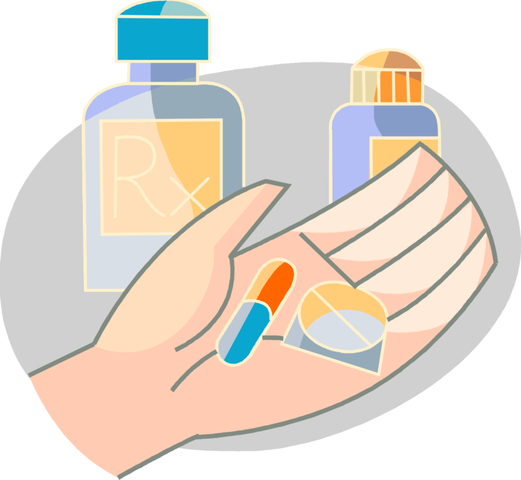 Vector Illustration of Hand Holds Medicine Pill and Capsule with Pharmacy Prescription Medication Rx Symbol