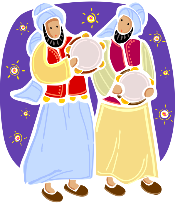 Vector Illustration of Middle Eastern Muslim Men Play Tambourine Percussion Musical Instruments