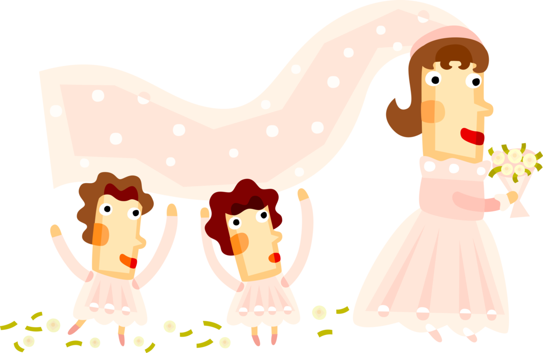 Vector Illustration of Wedding Day Bride Walks Down the Isle in Bridal Dress and Veil with Flower Girls
