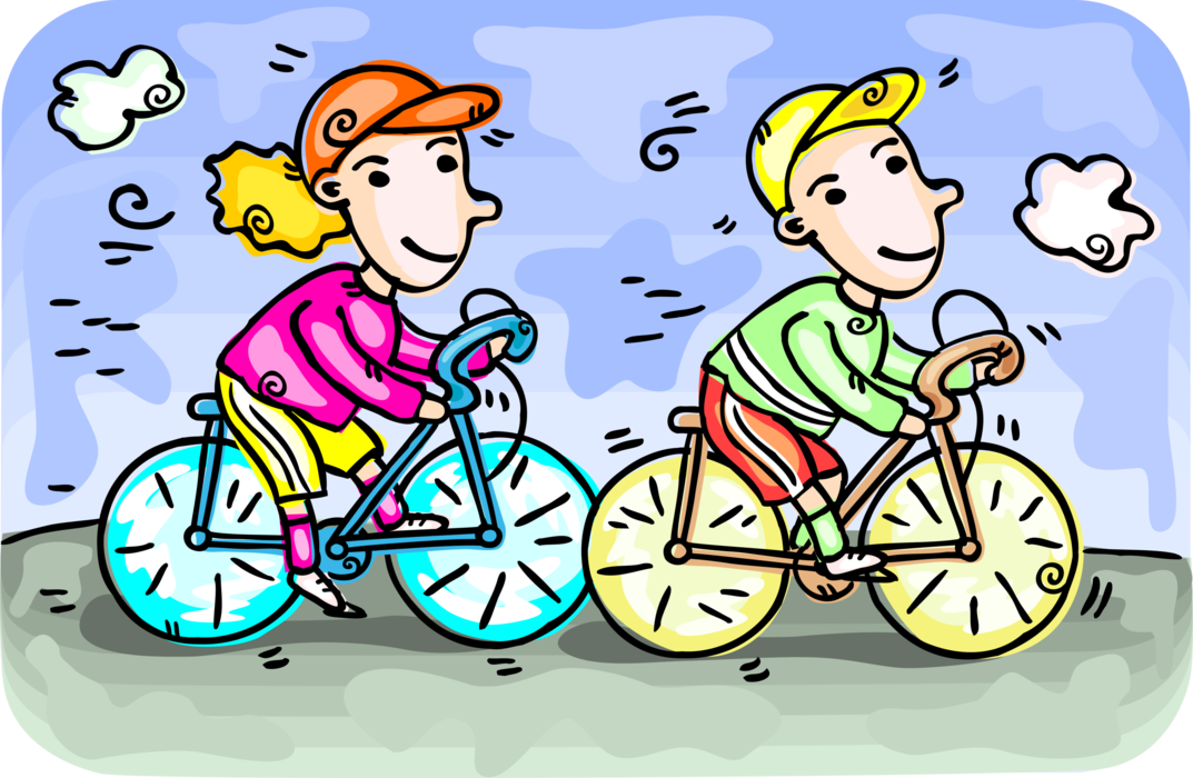 Vector Illustration of Cycling Enthusiast Boy and Girl Ride Bicycle Bikes Outdoors in Summer