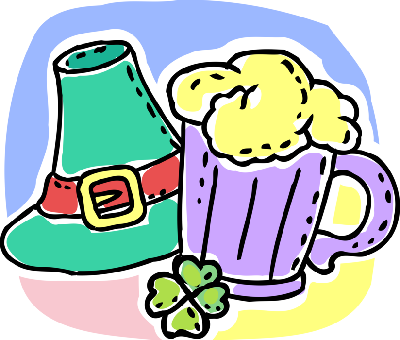 Vector Illustration of St Patrick's Day Beer Mug with Irish Hat and Four-Leaf Clover Shamrock