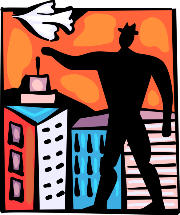 Vector Illustration of Man Releases Dove of Peace Bird in Urban City Environment