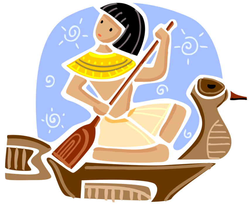 Vector Illustration of Ancient Egyptian Boy Paddles Symbolic Boat in Ancient Egypt