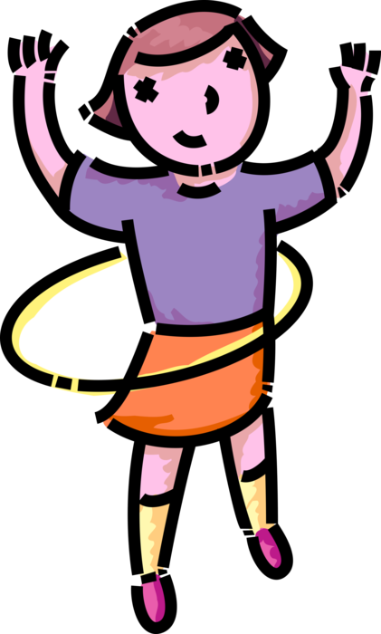 Vector Illustration of Primary or Elementary School Student Girl Plays with Twirling Hula Hoop