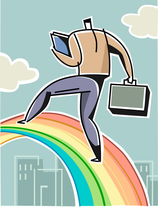 Vector Illustration of Businessman Pursues Business Opportunities and Climbs Rainbow Bringing Fresh Beginning and New Prosperity
