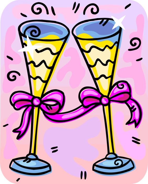 Vector Illustration of Wedding Toast Expression of Honor or Goodwill with Champagne Glasses and Ribbon