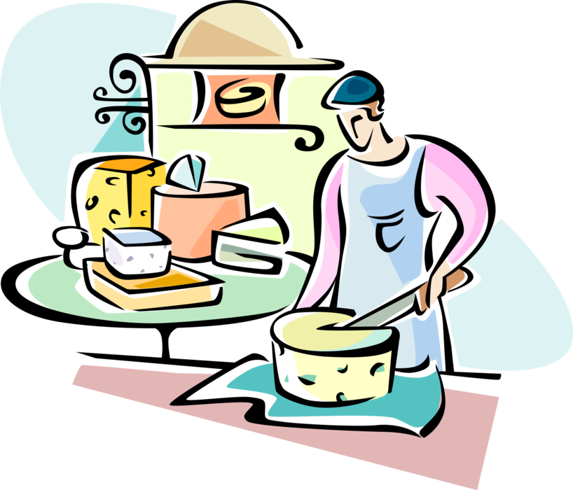 Vector Illustration of Fromagerie French Cheese Shop Vendor Slices Fresh Dairy Cheeses, France