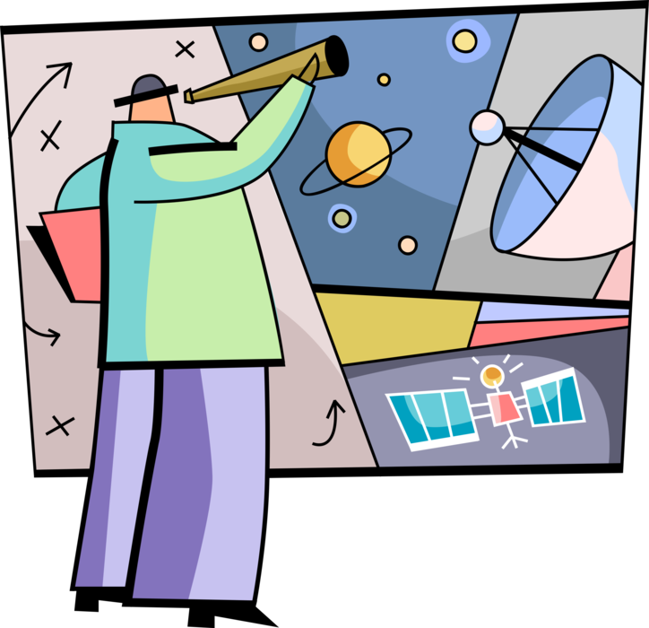 Vector Illustration of Astronomer with Telescope Surveys Solar System Universe with Satellite and Parabolic Dish