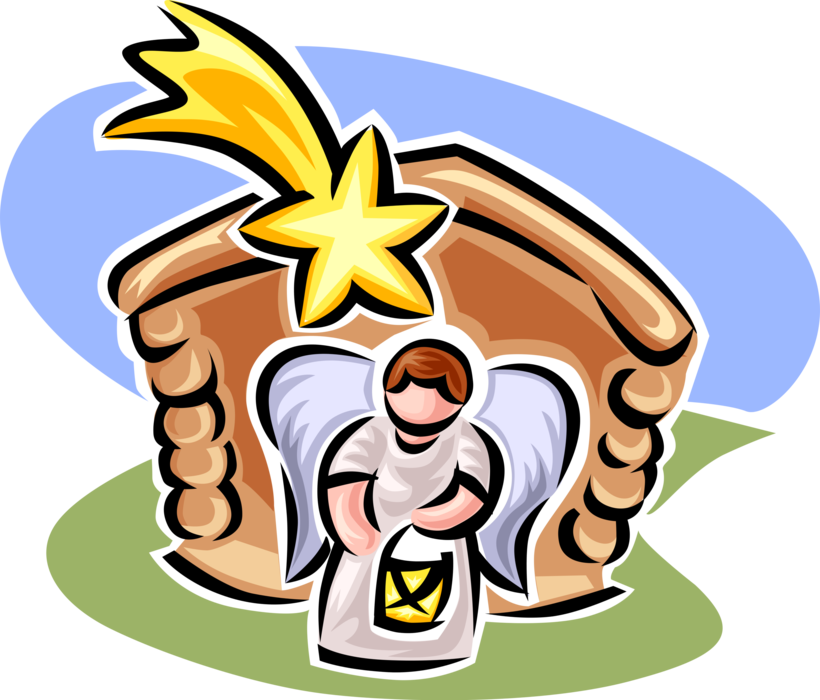 Vector Illustration of Festive Season Christmas Nativity Scene with Spiritual Angel and Star of Bethlehem Over Manger