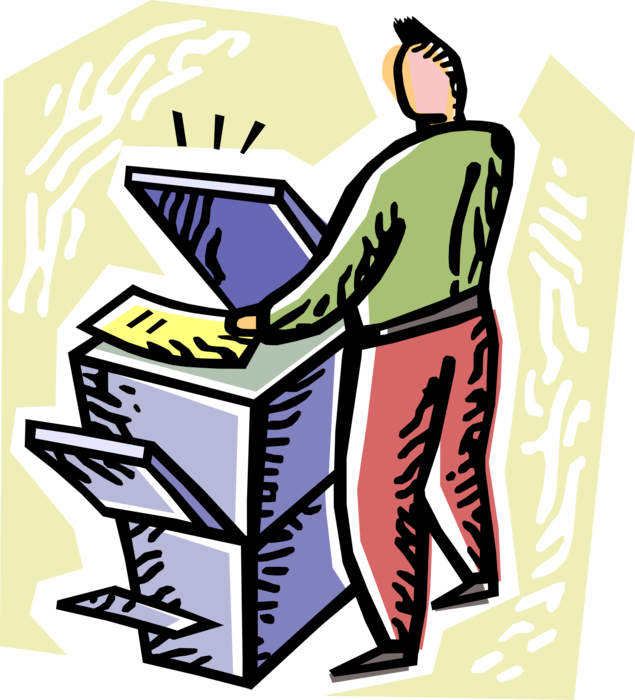 Vector Illustration of Businessman Copies and Prints Documents on Office Photocopier 