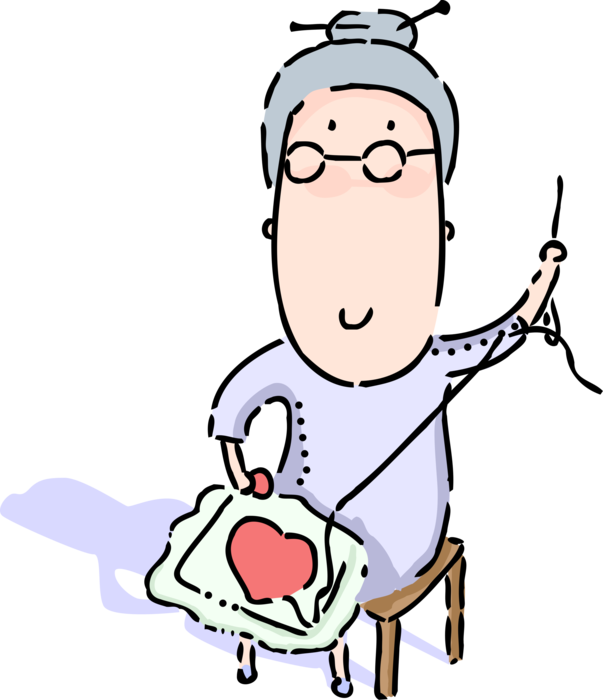Vector Illustration of Grandmother Seamstress Sews Romantic Love Heart on Cushion Pillow