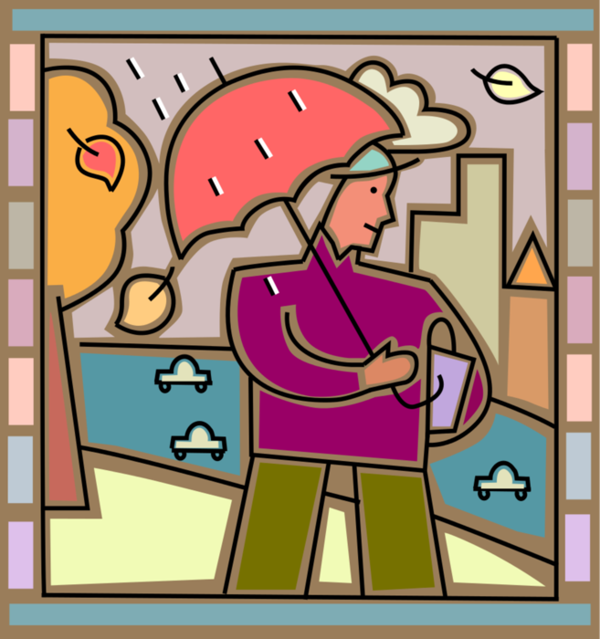 Vector Illustration of Inclement Weather Rainstorm in Autumn Fall with Man Carrying Umbrella in Urban City