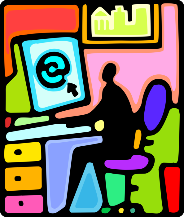 Vector Illustration of Businessman Accesses Personal Email Correspondence at Office Desktop Computer