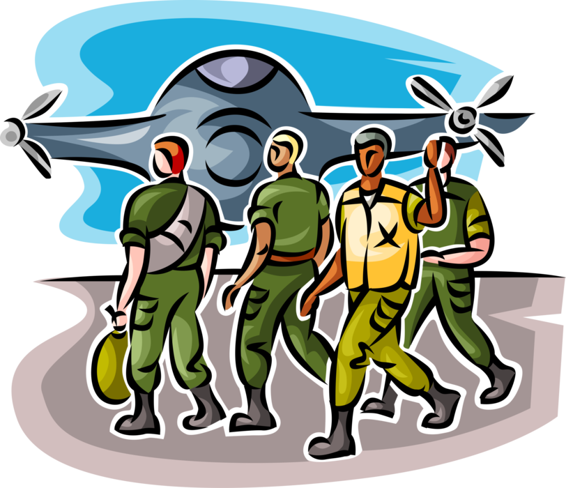 Vector Illustration of United States Air Force Pilots on Aircraft Carrier Deck with Airplane Bomber