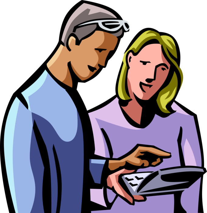 Vector Illustration of Man and Woman Check Internet Online Information with Notebook Computer