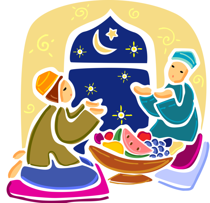 Vector Illustration of Ramadhan or Ramadan Islamic Fasting From Dawn Until Dusk with Evening Meal Feast