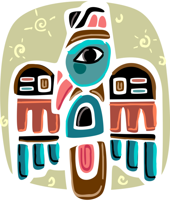 Vector Illustration of Native American Indigenous Northwest Indian Totem Pole Thunderbird Monumental Sculpture