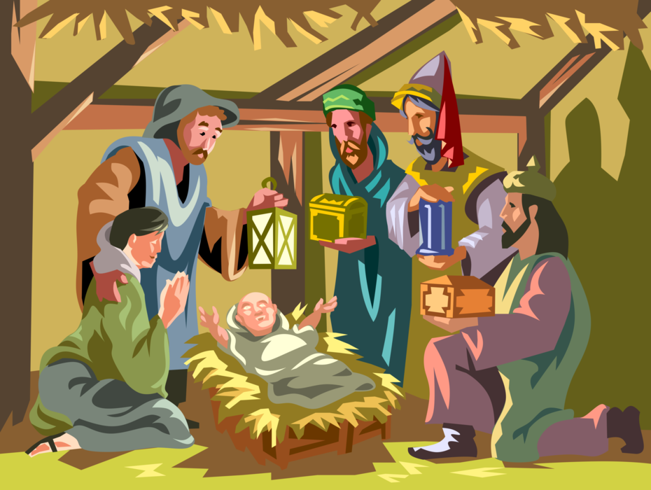 Vector Illustration of Nativity Scene, Mary, Joseph, the Three Wise Men and Baby Jesus in Manger