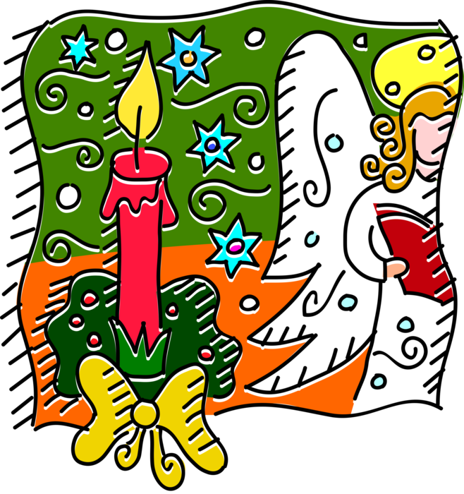 Vector Illustration of Holiday Festive Season Christmas Candle Decoration and Angel with Halo Singing Carols