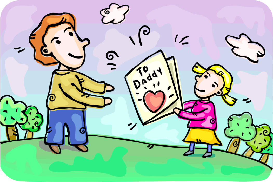 Vector Illustration of Loving Child Delivers Father's Day Greeting Card to Daddy with Love Heart