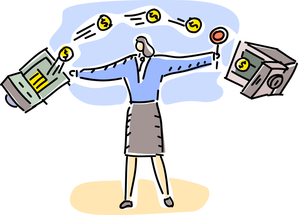 Vector Illustration of Businesswoman Transfers Cash Money Dollars via Internet Online Banking from Computer to Bank Vault