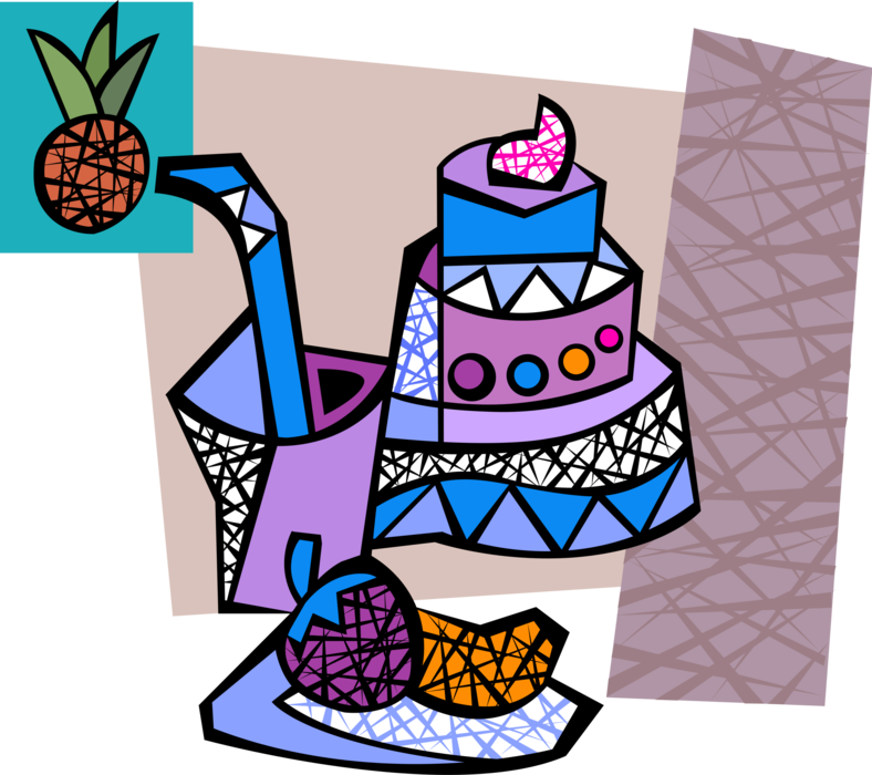 Vector Illustration of Triple Layer Dessert Cake with Drinking Cup and Straw, Fruit Berries