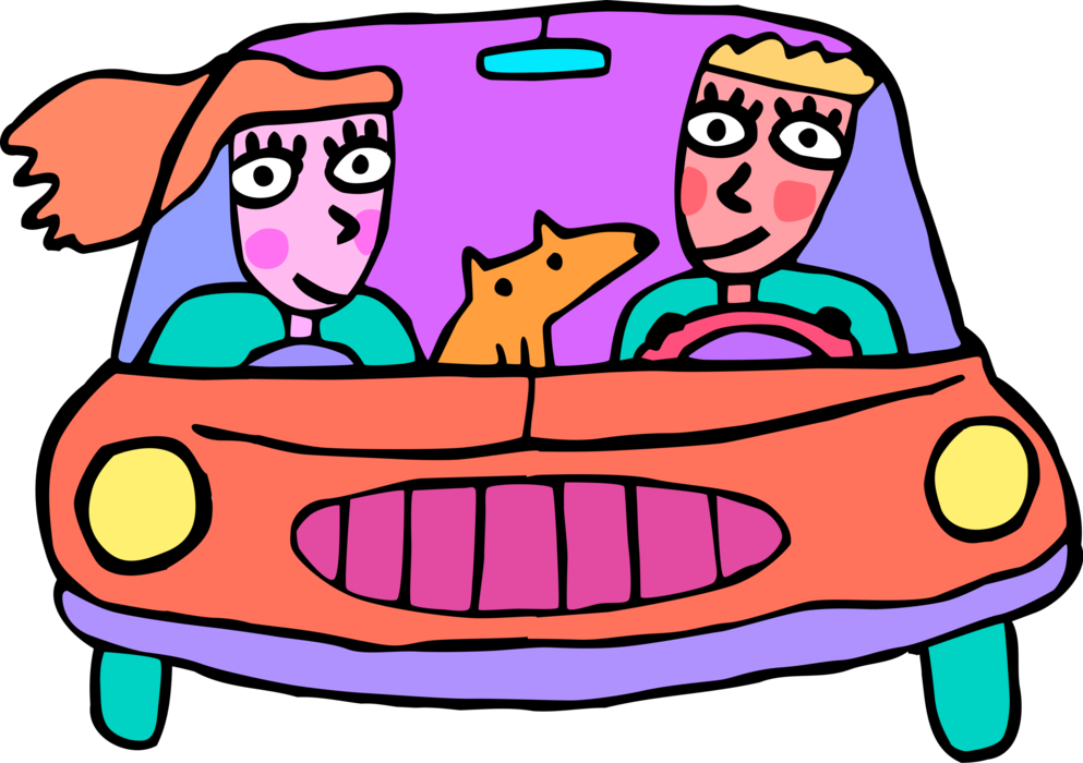 Vector Illustration of Family Drives Automobile Motor Vehicle Car with Pet Dog