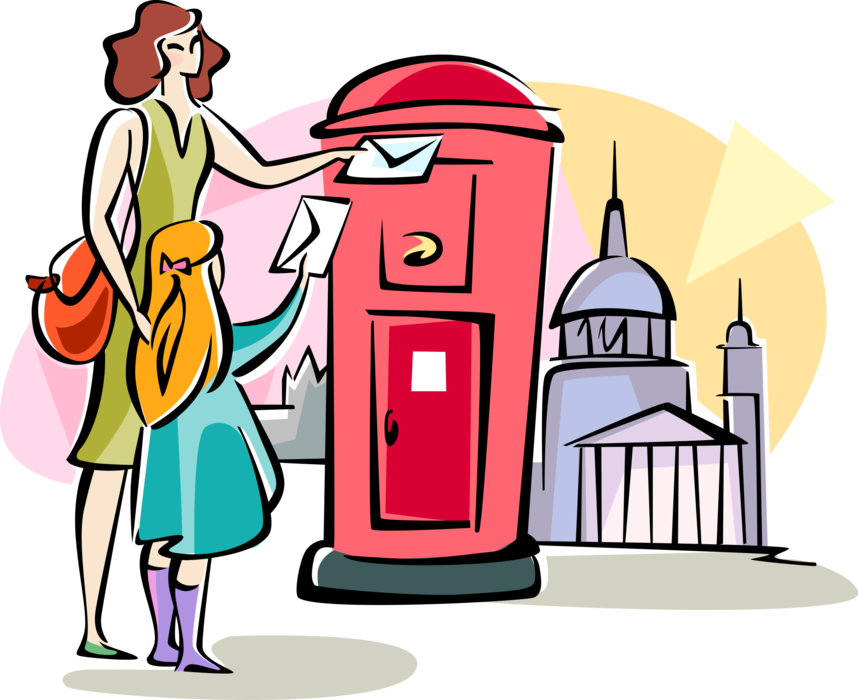 Vector Illustration of English Woman Dropping Off Her Mail at Letter Box, Great Britain, United Kingdom