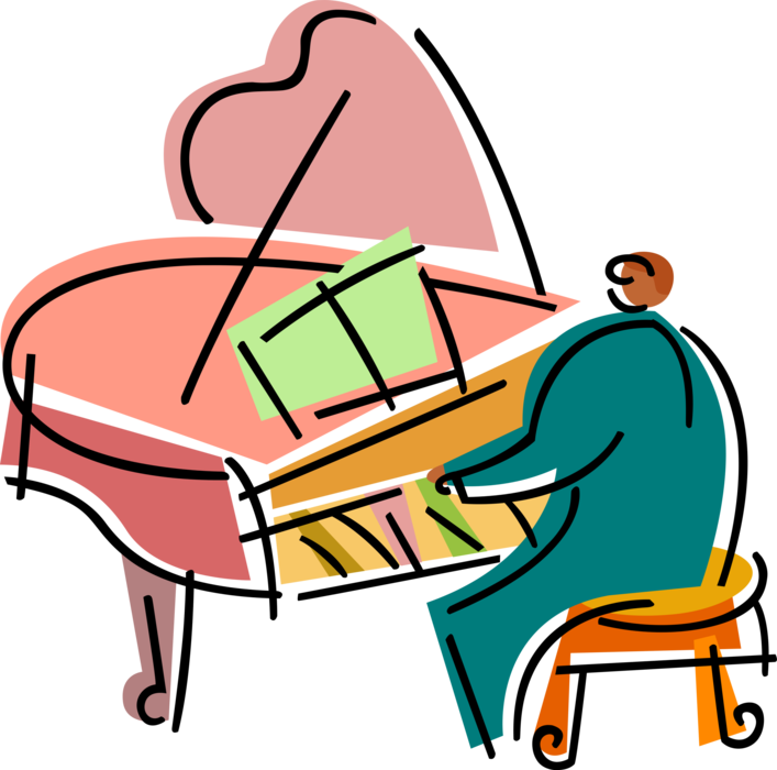 Vector Illustration of Concert Pianist Musician Plays Grand Piano Keyboard Instrument in Live Audience Performance