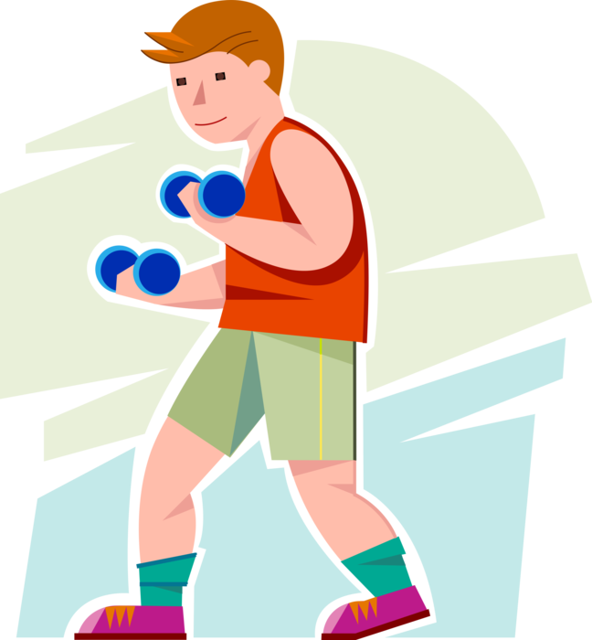Vector Illustration of Young Adolescent Boy Gets Physical Fitness Exercise Lifting Dumbbell Weights