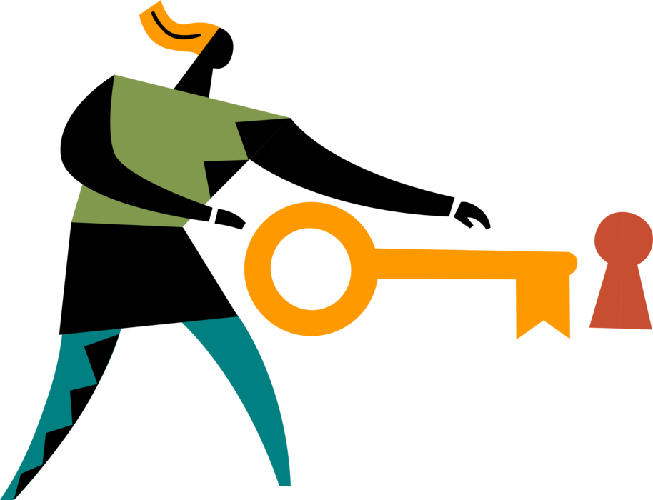 Vector Illustration of Security Key Opens Keyhole Lock Mechanical Security Device