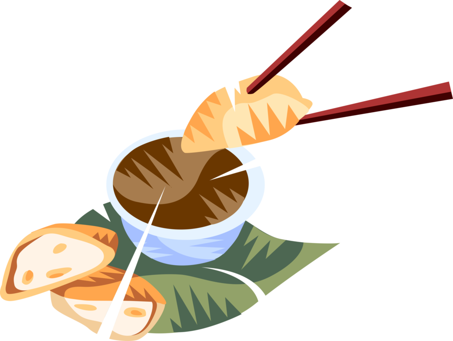 Vector Illustration of Chinese Cuisine Tofu Dumplings with Chopsticks and Soy Dipping Sauce 