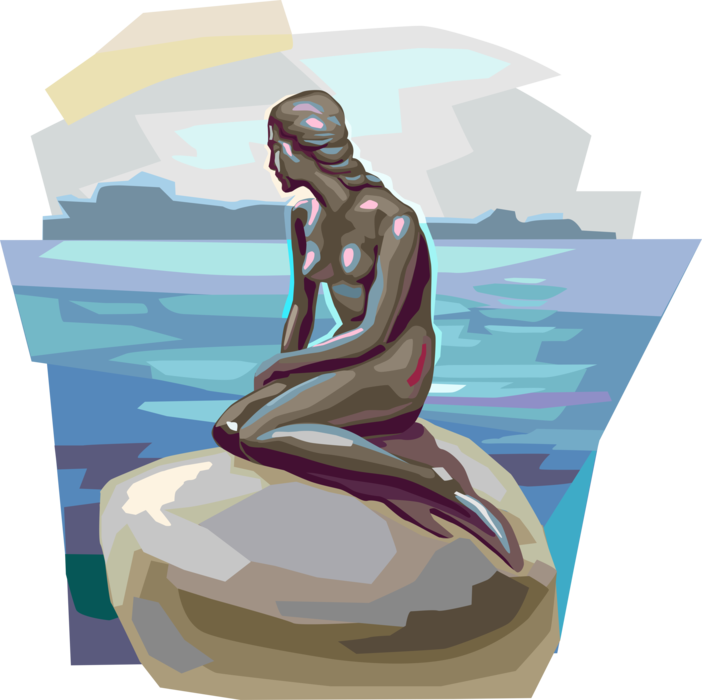 Vector Illustration of Legendary Little Mermaid Bronze Statue by Edvard Eriksen in Copenhagen, Denmark