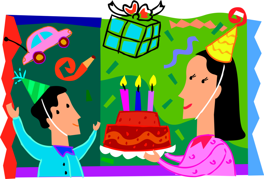 Vector Illustration of Mother Surprises Son with Birthday Cake and Lit Candles at Birthday Party Celebration