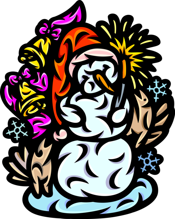 Vector Illustration of Snowman Anthropomorphic Snow Sculpture with Carrot Nose and Christmas Bells