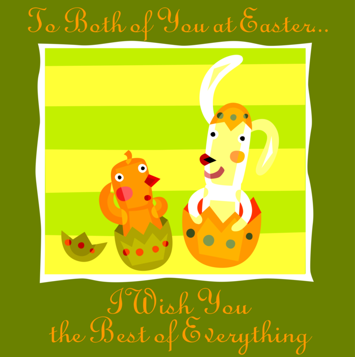 Vector Illustration of Happy Easter Greeting Card with Chick and Easter Bunny Rabbit Hatching from Easter Eggs