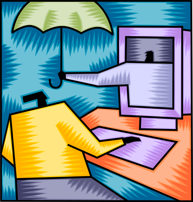Vector Illustration of Browsing Online Internet with Computer Virus Malware Protection Coverage Umbrella