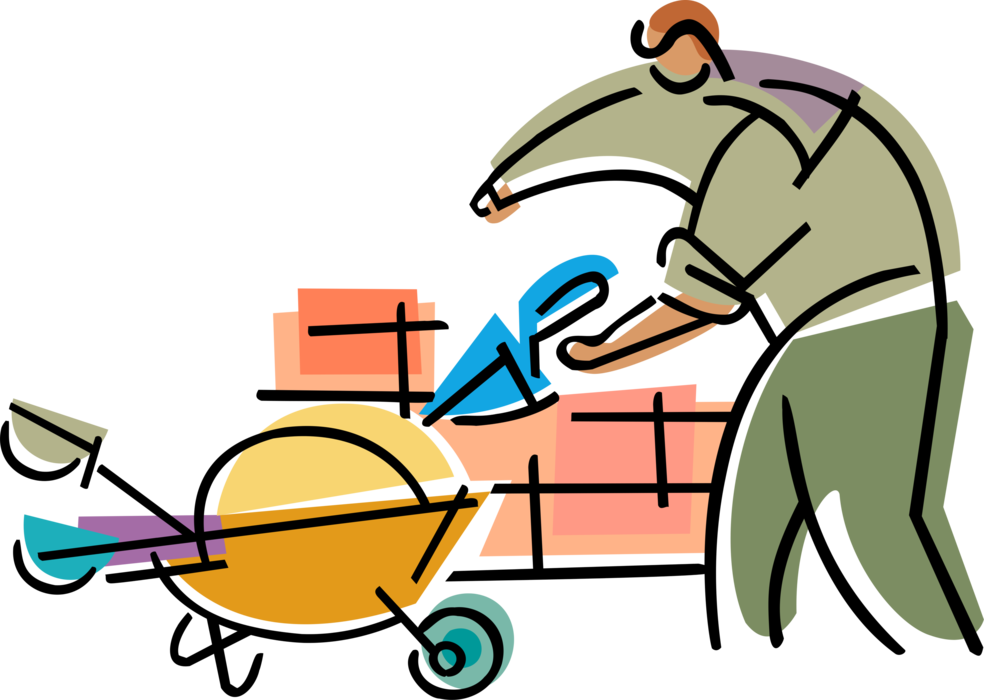 Vector Illustration of Mason Bricklayer Constructs Masonry Brick Wall with Trowel and Wheelbarrow at Construction Site