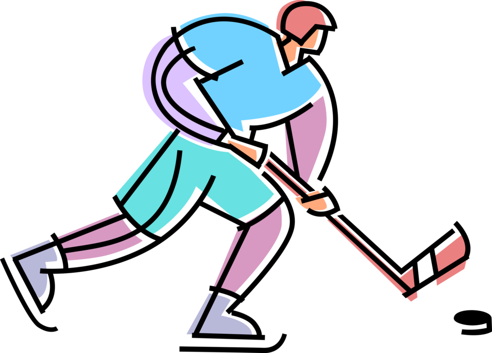 Vector Illustration of Sport of Ice Hockey Player Skates with Hockey Stick and Puck During Game 