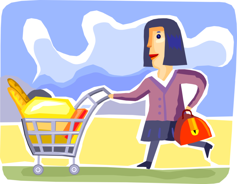 Vector Illustration of Supermarket Grocery Shopper Pushes Shopping Cart Groceries