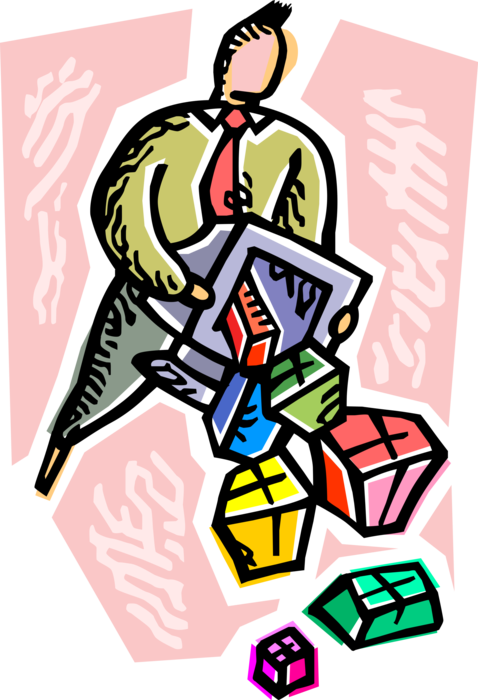 Vector Illustration of Businessman Purchases Gifts and Presents with Computer Access to Online Internet