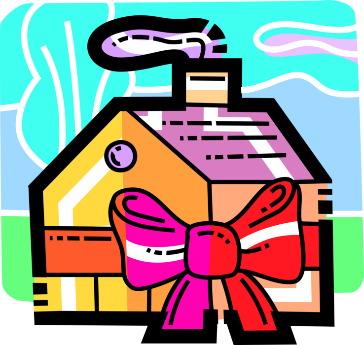 Vector Illustration of Family Dream Home Real Estate Residence Dwelling Urban Housing House with Ribbon Bow