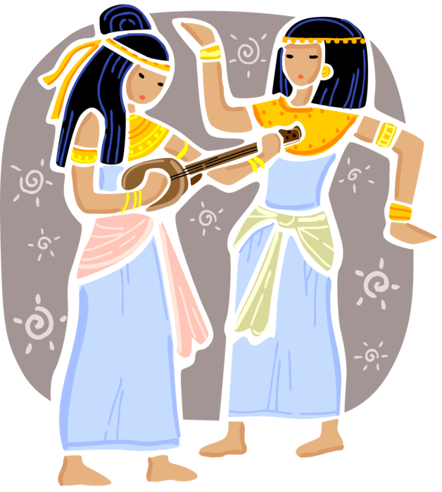 Vector Illustration of Ancient Egypt Musician Plays Egyptian Stringed Lute Instrument and Dancer Dances