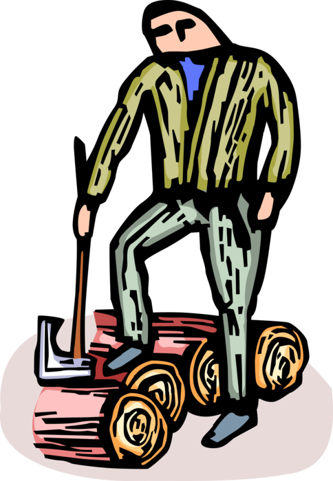 Vector Illustration of Forestry Lumber Industry Lumberjack with Axe Fells Trees into Logs