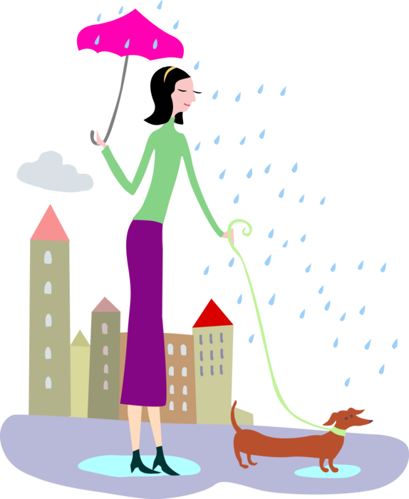 Vector Illustration of Dog Owner Walks Pet Wiener Dog Dachshund in Rain with Umbrella