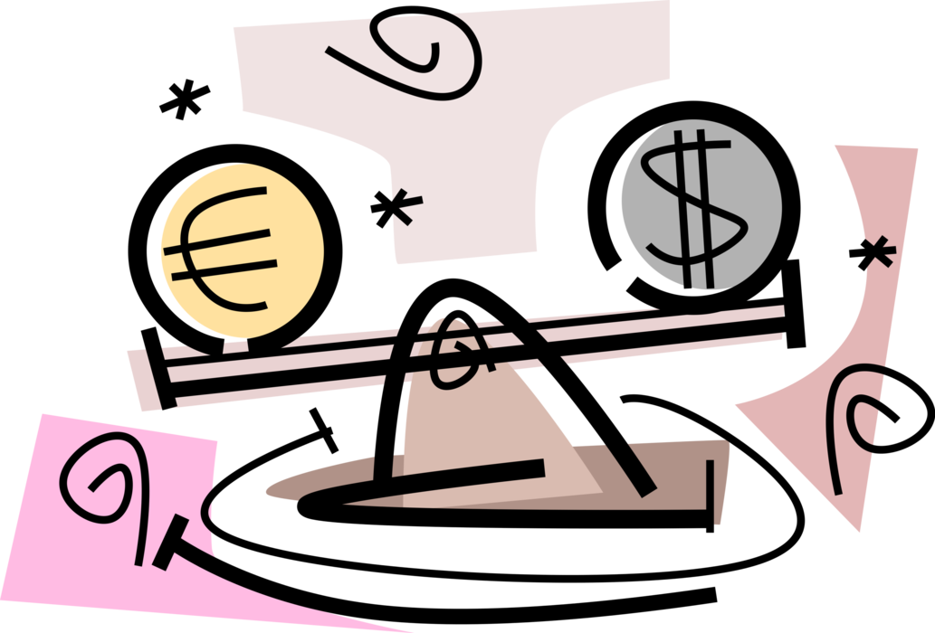 Vector Illustration of Teeter Tooter Fulcrum and Pivot with Financial Cash Euro and Dollar Currencies Competing