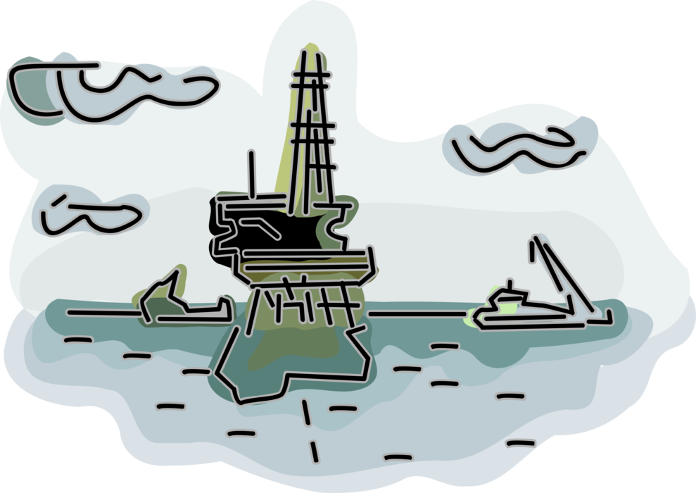 Vector Illustration of Fossil Fuel Petroleum Energy Industry Offshore Oil Rig Drilling Platform