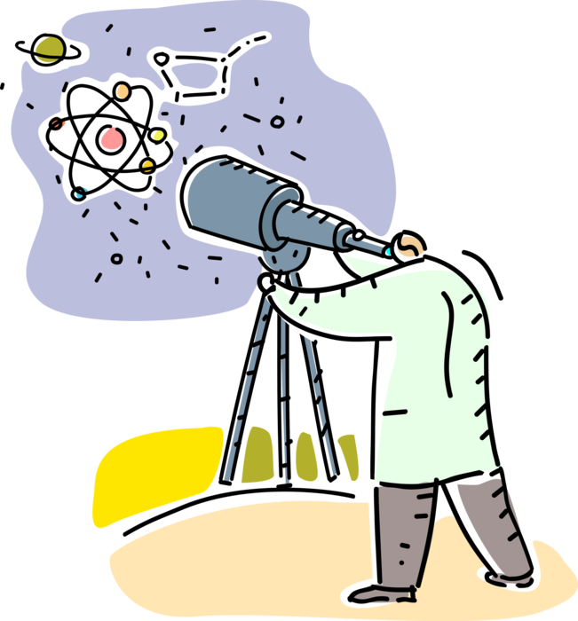 Vector Illustration of Nuclear Energy Physicist with Telescope Has Ideas to Exploit Power of Atomic Nuclei Atoms