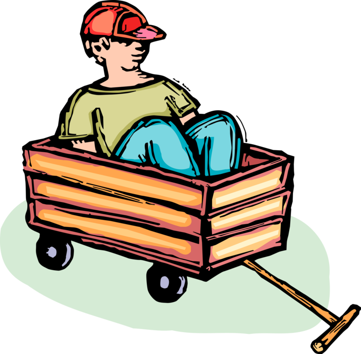 Vector Illustration of Boy Sits in Toy Wagon